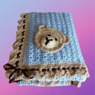 Baby Blanket – Choose Your Appliqué Handmade crochet baby blanket showing a sample bear appliqué. Customers can choose their favorite appliqué design.