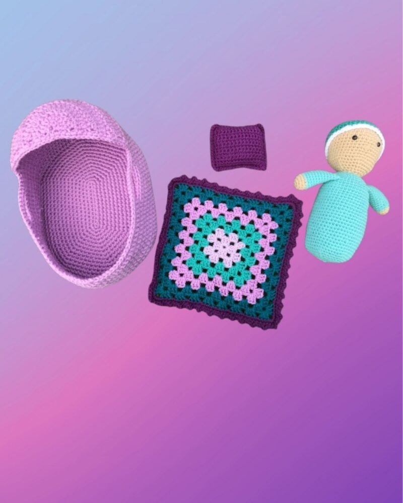 4 Crochet Baby Bassinet Set with Doll, Blanket & Pillow