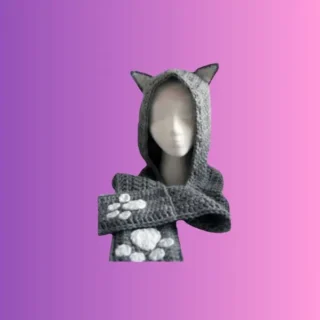 Handmade crochet cat hooded scarf with cat ears and paw print pockets