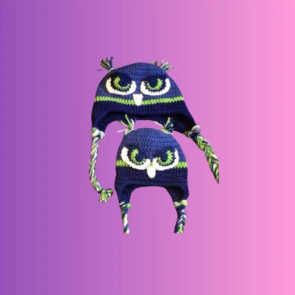 Crochet Team Cheer Hat Crochet team spirit owl hat with ear flaps, braided ties and yarn feather tufts