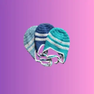 Handmade striped crochet ear flap hats with crocheted ties for babies and toddlers