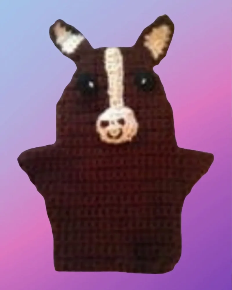 Horse Hand Puppet Brown crocheted horse hand puppet with upright ears, white facial stripe and crocheted muzzle
