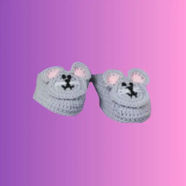 Handmade gray crochet mouse slippers for children with embroidered faces