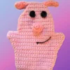 Pig Hand Puppet Pink crocheted pig hand puppet with floppy ears, round snout and smiling face