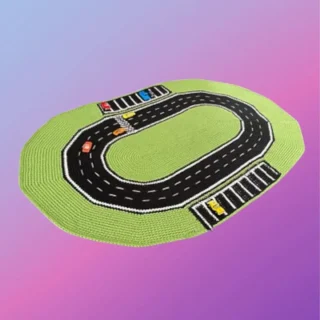 Crocheted Racetrack Play Mat with oval roadway, parking areas and green center