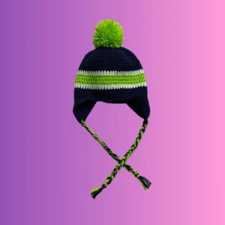 Handmade crochet team cheer hat with ear flaps, braided ties and pom-pom