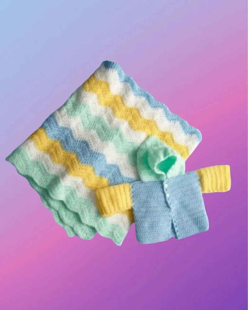 Handmade crochet baby set with coordinating blanket, sweater and hat