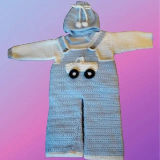Bib Overalls Shirt & Hat Handmade crochet baby bib overalls with matching shirt, hat and appliqué design