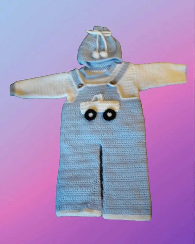 Handmade crochet baby bib overalls with matching shirt, hat and appliqué design