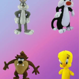 Handmade Cartoon Friends Collection including Playful Bunny, Mischievous Little Devil, Mischievous Tuxedo Cat, and Sunny Little Bird by D's & B's Gifts.