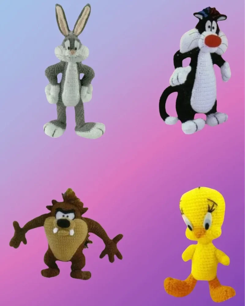 Handmade Cartoon Friends Collection including Playful Bunny, Mischievous Little Devil, Mischievous Tuxedo Cat, and Sunny Little Bird by D's & B's Gifts.