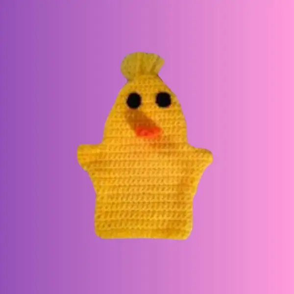 Chicken Puppet Yellow crocheted chicken hand puppet with black eyes and orange beak