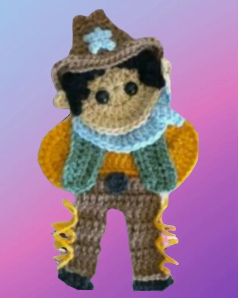 Handmade crochet cowboy appliqué for blankets, clothing, accessories, and custom crochet projects.