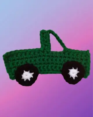 Handmade crochet truck appliqué for blankets, clothing, accessories, and custom crochet projects.