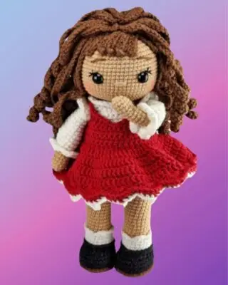 18-inch custom crochet doll with curly crocheted hair and removable dress, blouse and shoes