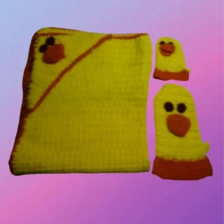 Handmade crochet duck baby bath set with hooded bath blanket and two wash mitts