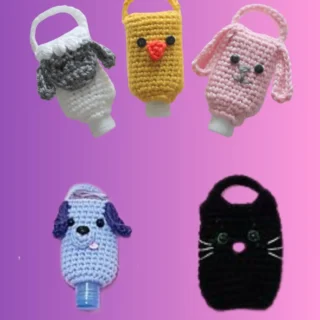 Handmade crochet animal hand sanitizer covers in sheep, chicken, rabbit, dog and cat designs