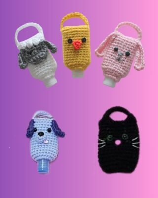 Handmade crochet animal hand sanitizer covers in sheep, chicken, rabbit, dog and cat designs