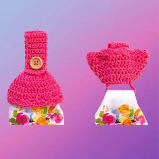 Handmade crochet hand towel topper with hidden ring for hanging a kitchen towel