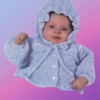 Handmade crochet baby hooded sweater with button front shown on baby model