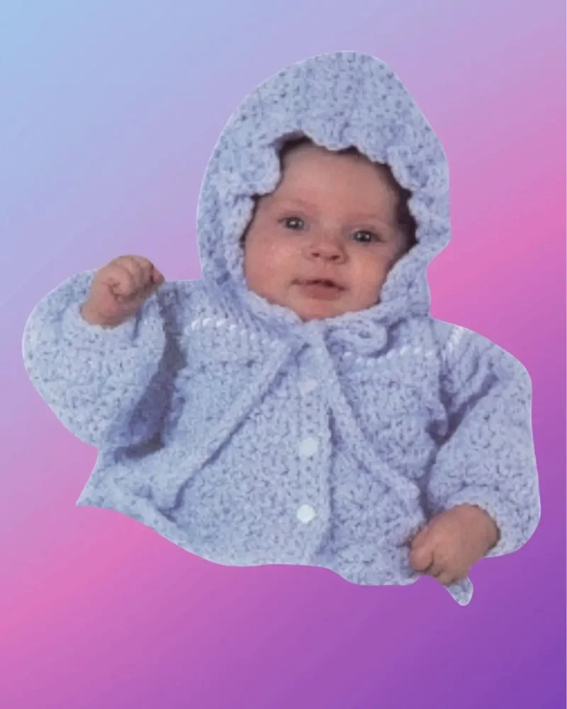Handmade crochet baby hooded sweater with button front shown on baby model