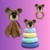 Handmade three-piece crochet animal baby gift set with lovey, stacking ring toy and wooden teething ring