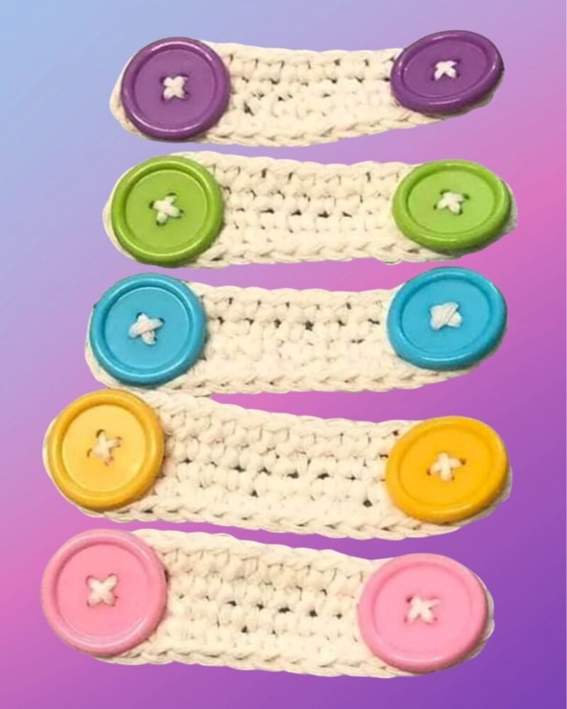 Crocheted mask ear savers with colorful buttons that can also hold cords.