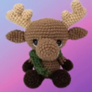 Crocheted Myles the Moose woodland critter with large antlers and green scarf