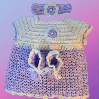 Handmade crochet newborn dress with matching flower headband and booties