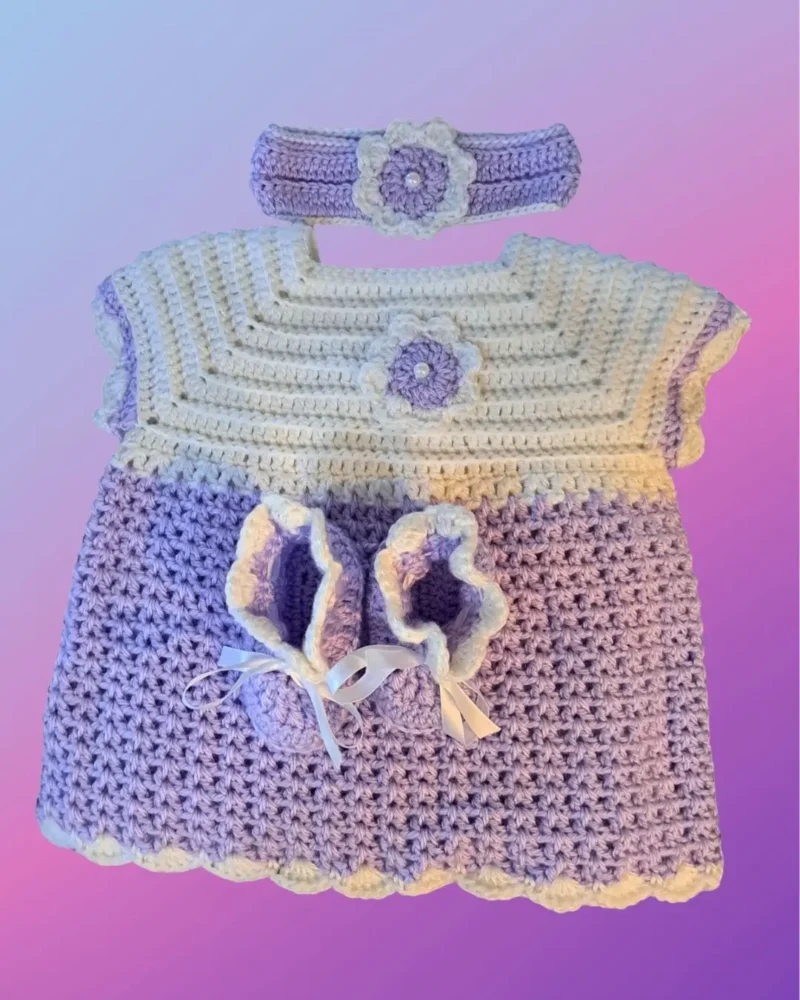 Handmade crochet newborn dress with matching flower headband and booties
