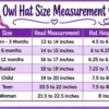 Owl Hat Size Measurement Chart Owl hat size chart with head measurements and hat heights from newborn through woman sizes