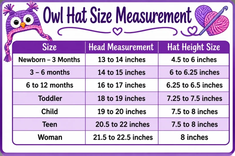 Owl Hat Size Measurement Chart Owl hat size chart with head measurements and hat heights from newborn through woman sizes