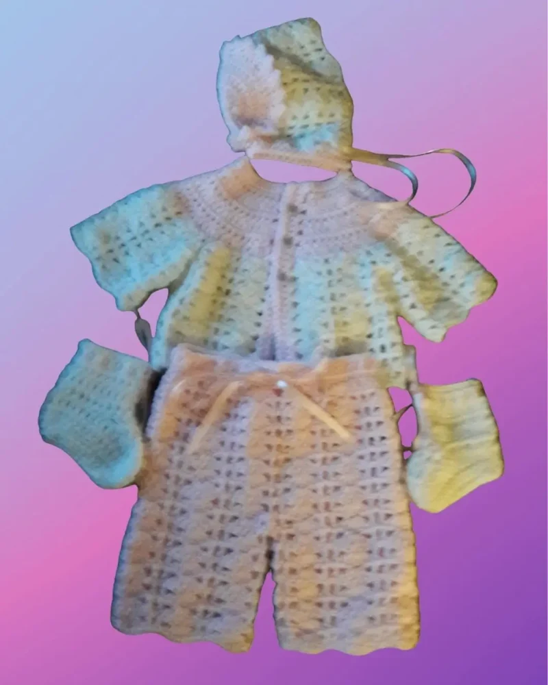 Handmade crochet shell stitch baby outfit with hat, shirt, pants and booties