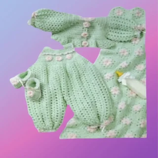 Handmade crochet baby set with shirt, pants, booties and matching flower blanket