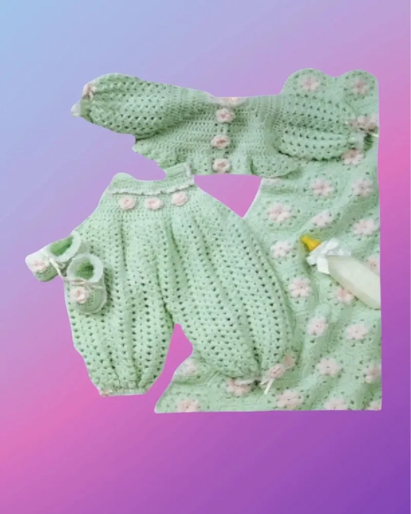 Handmade crochet baby set with shirt, pants, booties and matching flower blanket