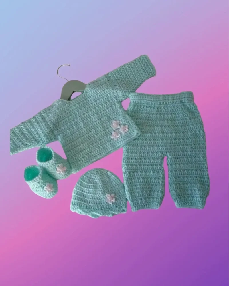 Shirt Pants Hat and Booties Handmade crochet baby outfit with shirt, pants, matching hat and booties