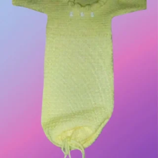 Handmade crochet baby sleeper sack with long sleeves, shell stitch collar, and drawstring bottom