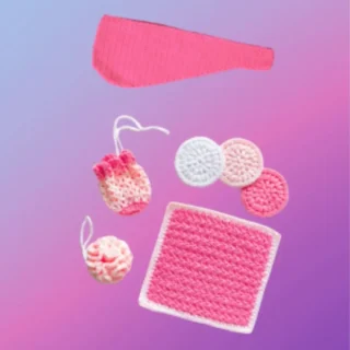 Handmade crochet spa set with bath puff, washcloth, soap saver bag, three facial scrubbies and hair wrap