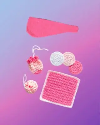Handmade crochet spa set with bath puff, washcloth, soap saver bag, three facial scrubbies and hair wrap