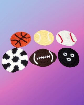 Sports Ball Coasters Set Set of six crocheted sports ball coasters with basketball, tennis, baseball, soccer, football and bowling designs