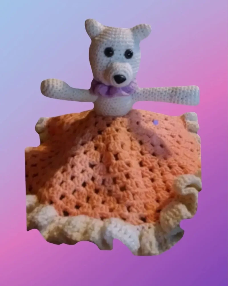 Handmade crochet standing bear lovey with attached blanket