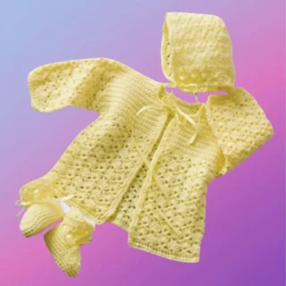 Handmade crochet baby sweater with matching hat and booties