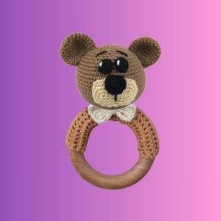 Handmade crocheted animal wooden teething ring with choice of animal head