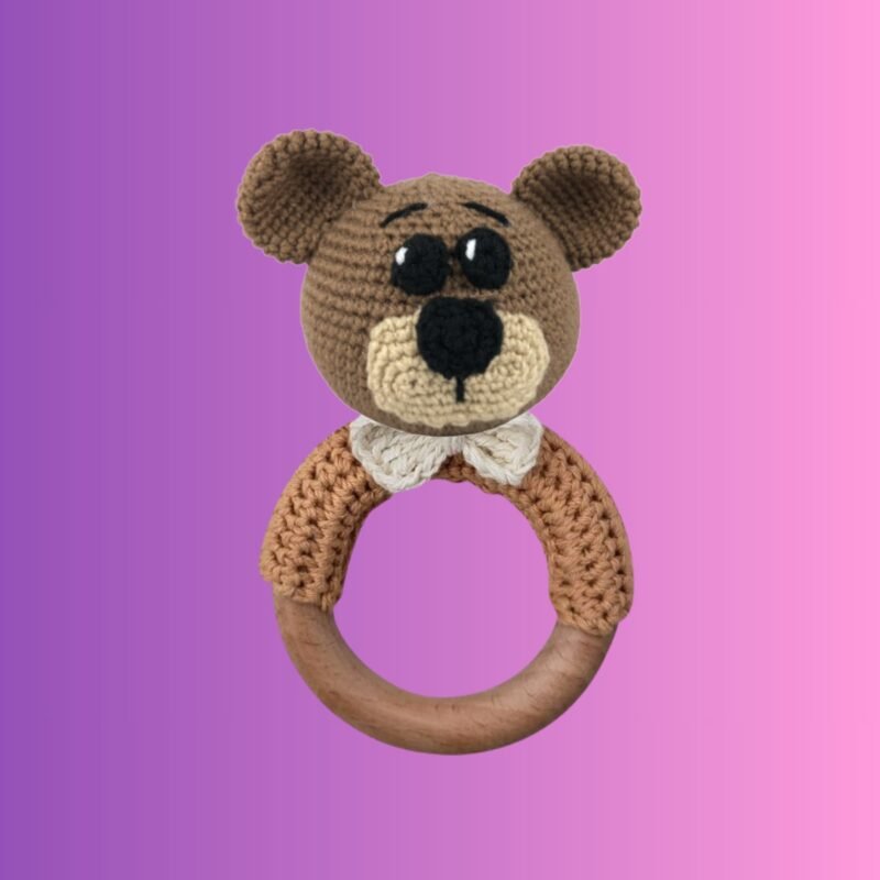 Handmade crocheted animal wooden teething ring with choice of animal head