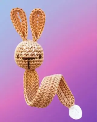Crocheted bunny animal head bookmark with long body and white tail